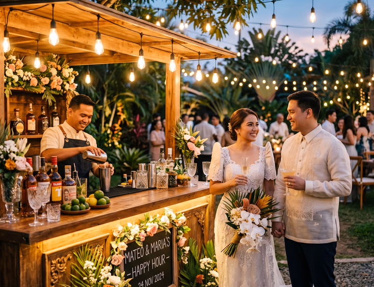 Filipino bride and groom at an outdoor evening wedding reception mobile bar with string lights and tropical greenery in the Philippines