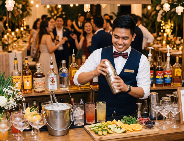 Close-up of a fully set up wedding mobile bar counter with cocktail glasses, spirits, and a Filipino bartender preparing drinks at a reception