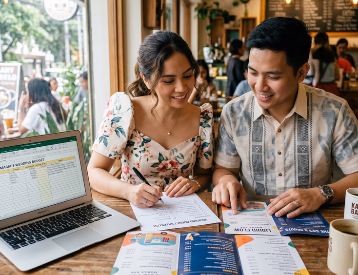 Filipino couple reviewing mobile bar wedding packages and budget checklist with a laptop open at a café in the Philippines
