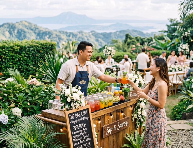 Rustic wooden mobile bar cart at a garden wedding in Tagaytay Philippines with a Filipino bartender serving cocktails amid greenery and mountain views