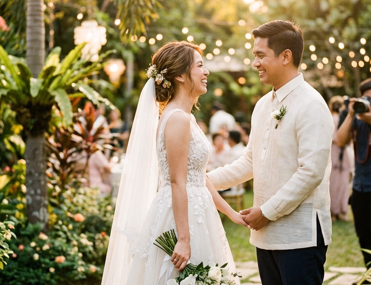 Filipino bride and groom smiling at each other during golden hour at an outdoor garden wedding in the Philippines with a photographer in the background