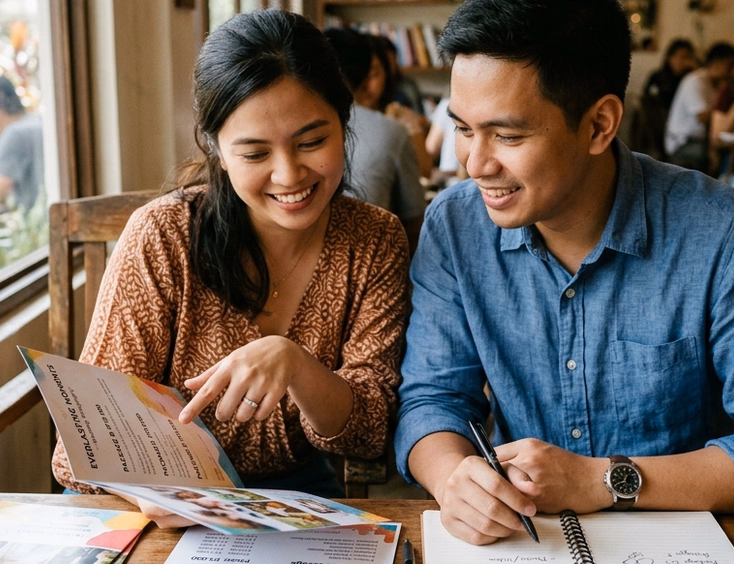 Filipino couple reviewing wedding photography packages and price list together at a cozy café with printed brochures on a wooden table