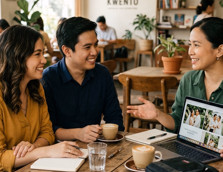 Filipino couple meeting with a wedding photographer in a bright studio reviewing a wedding gallery on a laptop