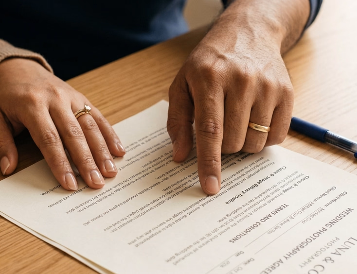 Close-up of a Filipino couple reviewing a printed wedding photography contract on a desk with a pen resting on the document