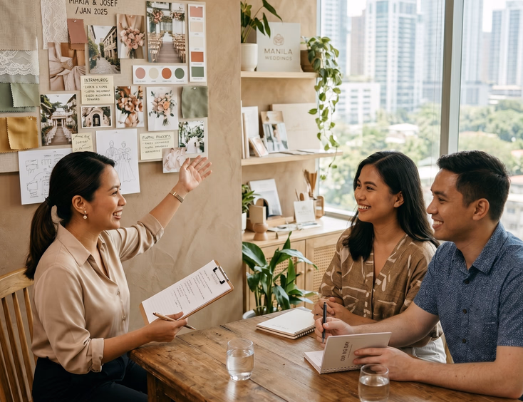 Filipino couple meeting with wedding planner in modern Manila office reviewing mood board