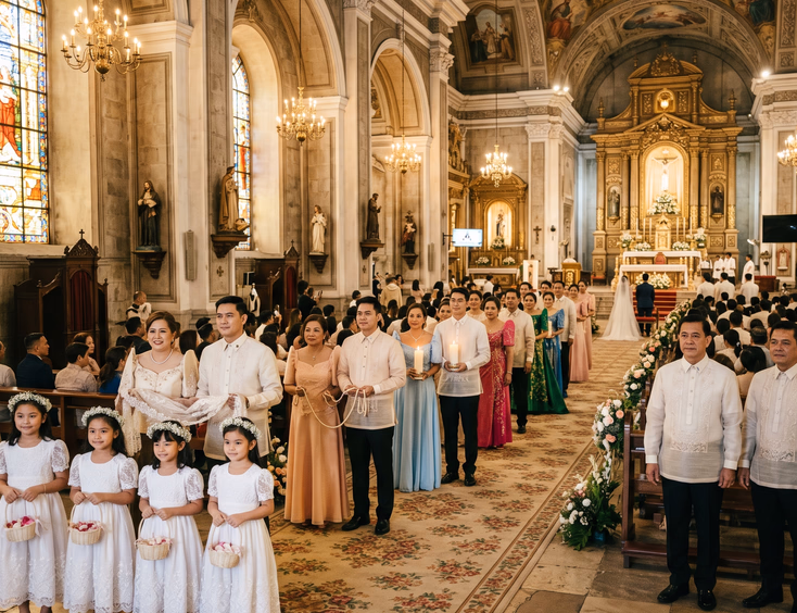 Large Filipino wedding entourage lined up inside Catholic church ready for processional with principal and secondary sponsors