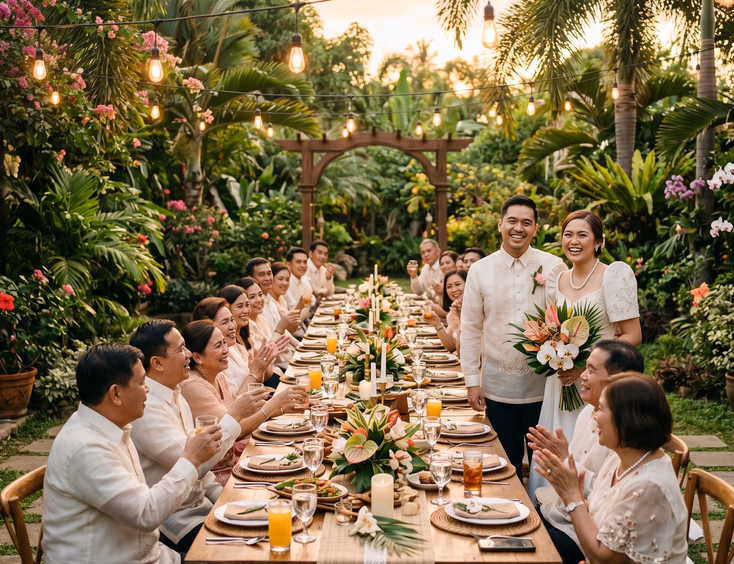 Intimate Filipino wedding reception with 20 guests at long wooden table in lush tropical garden during golden hour