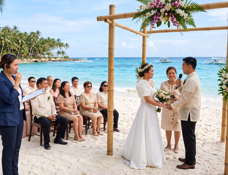 Filipino couple exchanging vows under bamboo arch on white sand beach with wedding coordinator and small group of guests