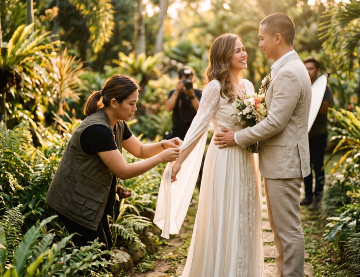 Wardrobe stylist adjusting bride's dress during an outdoor prenup photoshoot for a Filipino couple in the Philippines.