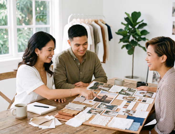 Filipino couple and their wardrobe stylist collaborating on a mood board for a prenup photoshoot.
