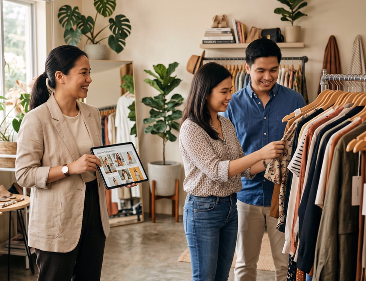 Filipina wardrobe stylist showing her portfolio to a Filipino couple browsing clothes in a styling studio.