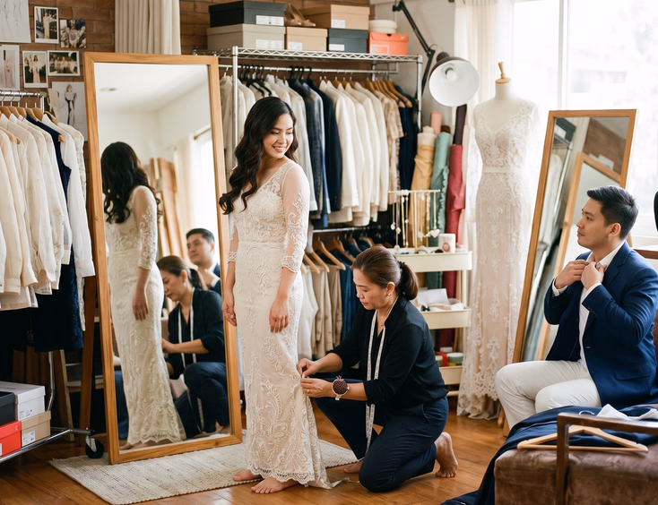 Wardrobe stylist fitting a bride's prenup dress in a studio while the groom tries on a blazer.