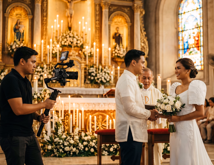 Filipino bride and groom at a candlelit Catholic church altar in the Philippines with a videographer filming using a cinema camera on a gimbal during their wedding ceremony.