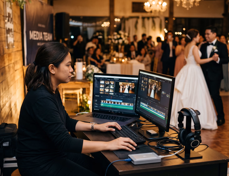Filipino videographer editing wedding footage on dual monitors at a Manila reception venue with the bride and groom dancing softly in the background under warm chandelier lights.