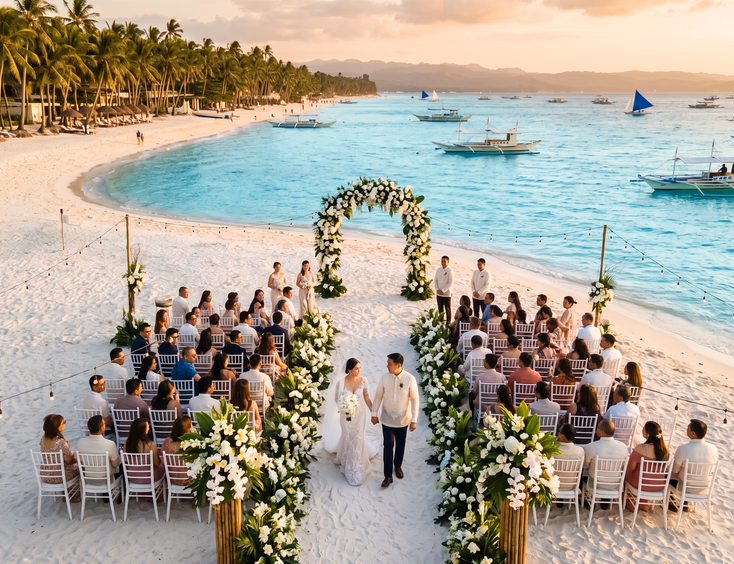 Aerial drone view of a beachfront wedding ceremony in Boracay Philippines with a Filipino bride and groom walking down a white sand aisle lined with tropical flowers at golden hour.