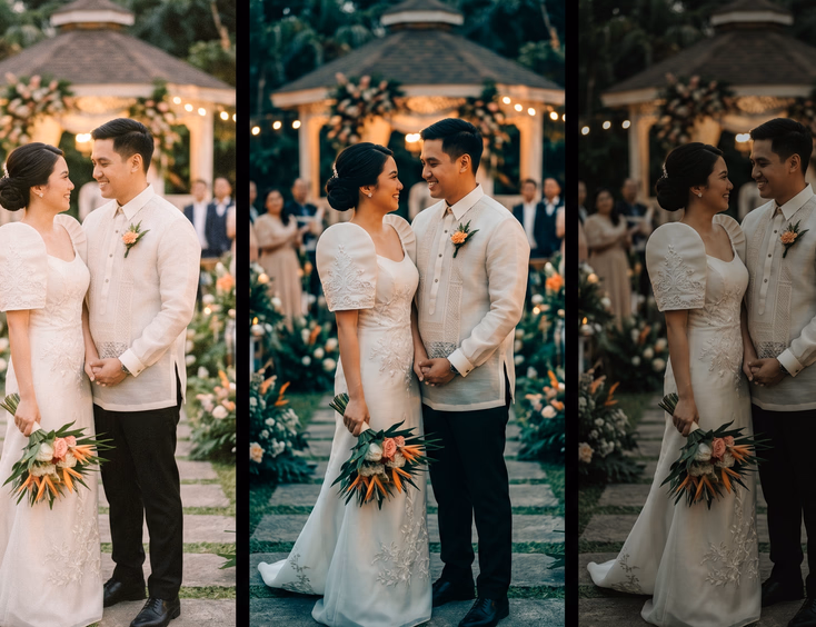 Three cinematic color grade comparisons of a Filipino wedding scene showing warm analog film, teal-and-orange, and moody earth tone looks side by side with a bride and groom sharing a quiet moment.