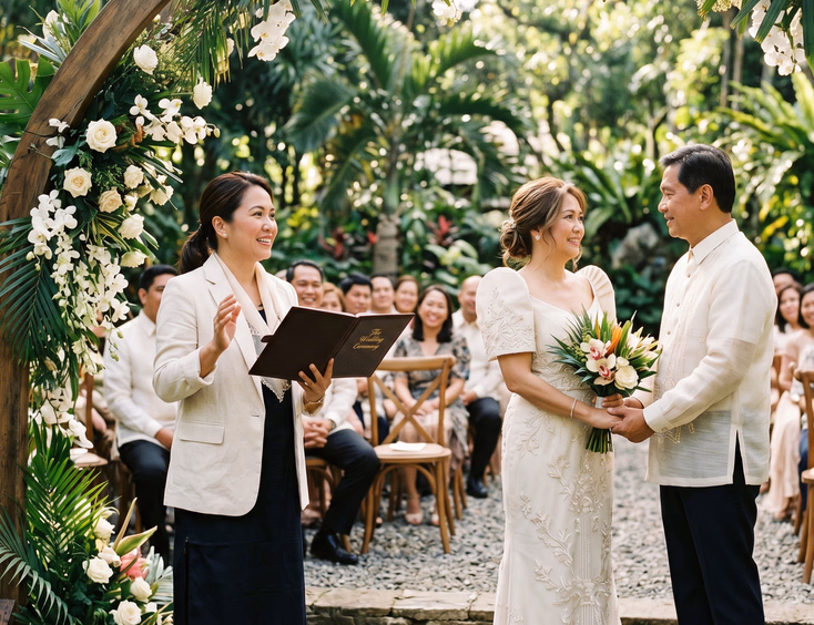 Filipino officiant leading an outdoor garden vow renewal ceremony for a mature couple.