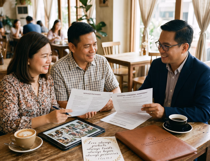 Filipino couple consulting with a wedding officiant at a cafe to review a ceremony package.