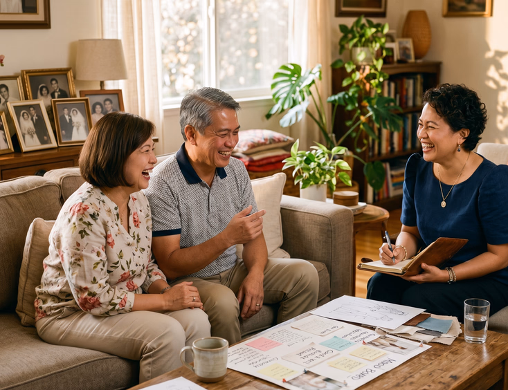 Mature Filipino couple sharing stories with a ceremony officiant during a home consultation.