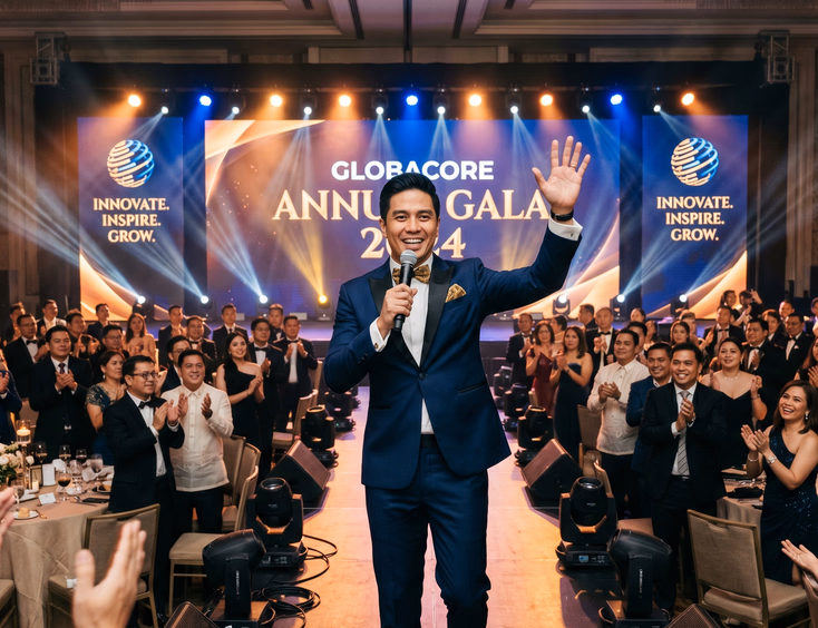 Charismatic Filipino corporate host in a sharp midnight-blue suit commands the stage with an animated expression at a lively gala event.