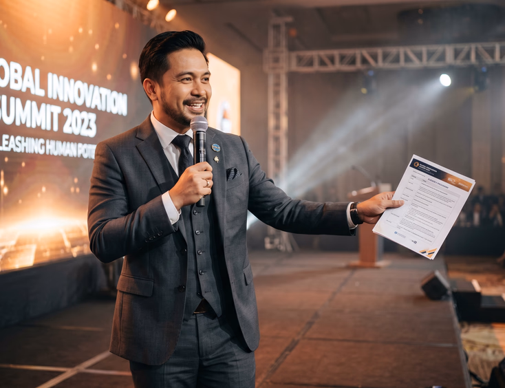 Polished Filipino corporate emcee in a fitted charcoal suit delivering a script and gesturing warmly on a softly lit stage.