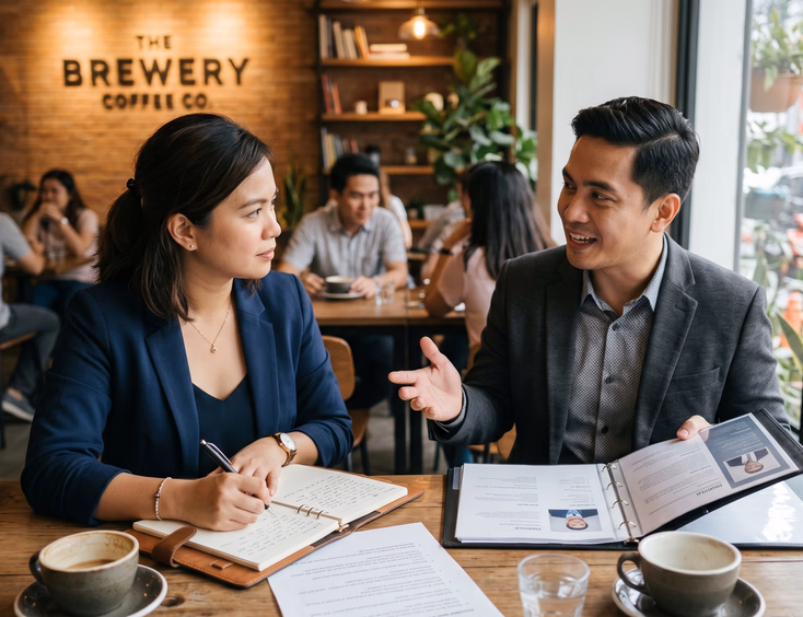 Filipina event director interviews a potential Filipino host in a tailored suit presenting his portfolio at a modern coffee shop meeting.