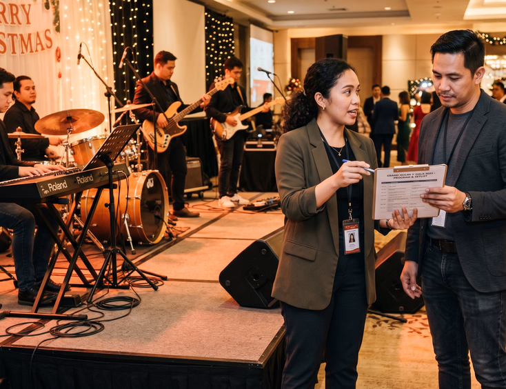 Filipina event planner briefs a live band leader with a setlist and timeline before a corporate Christmas party at a tuned stage.