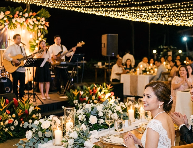Filipino bride and groom watching a live five-piece band perform at a candlelit wedding reception with golden string lights