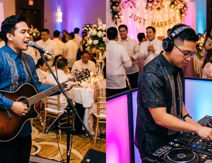 Split image of a Filipino acoustic guitarist singing versus a Filipino DJ at a wedding reception in the same ballroom