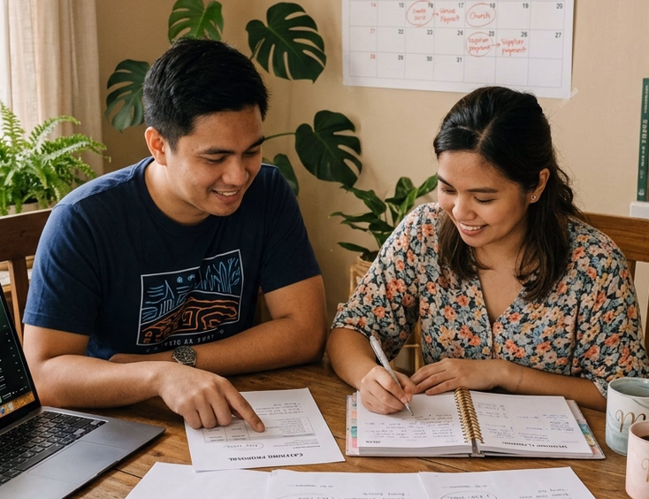 Filipino couple reviewing wedding supplier quotes and a spiral planner at a dining table with a laptop and wall calendar