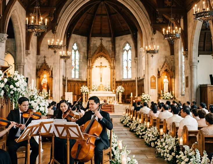 Filipino string quartet performing inside a Philippine Catholic church with floral aisle arrangements and stained glass light