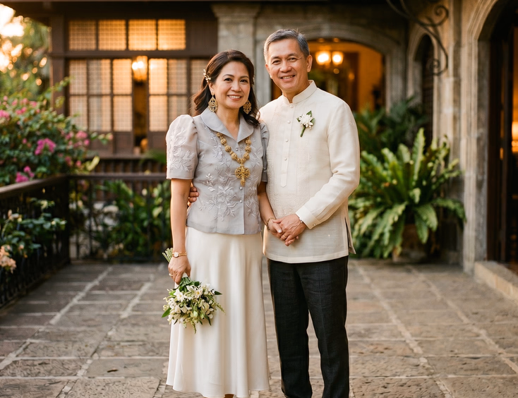 Filipino couple in their 50s wearing a modern Filipiniana blouse and cream jusi barong tagalog during a golden hour portrait.