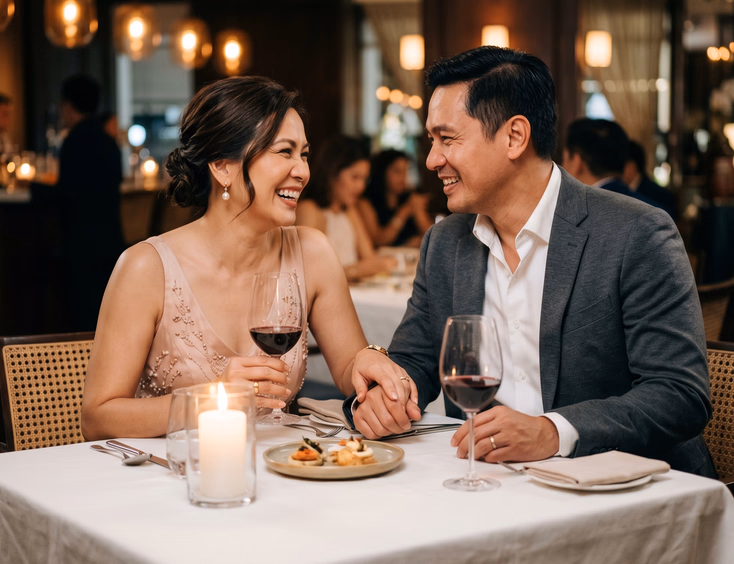 Filipino couple in their 40s sharing an intimate candlelit dinner and laughing inside a refined Manila restaurant.