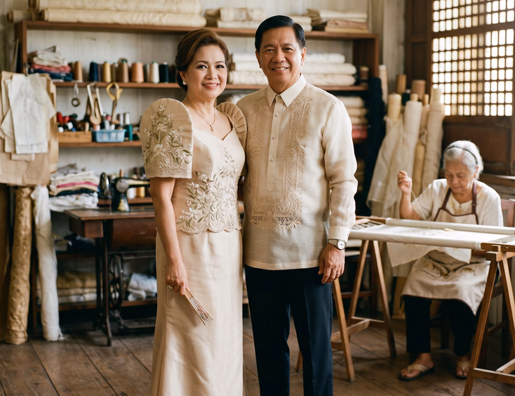 Filipino couple in their 60s wearing custom hand-embroidered modern terno and barong tagalog inside a heritage tailoring atelier in Batangas.