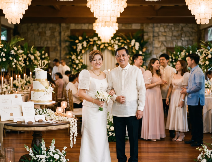 Filipino couple in coordinated modern terno and barong tagalog celebrating a milestone wedding anniversary at a styled reception venue.
