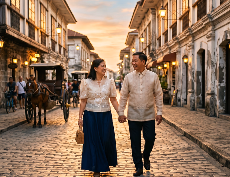 Filipino couple in traditional attire walking on cobblestone Calle Crisologo at golden hour.