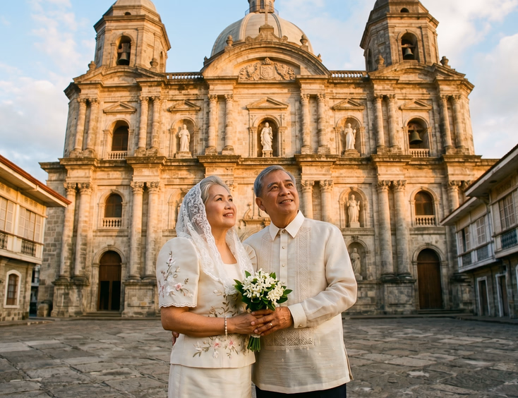 Filipino couple in traditional dress holding flowers in front of Taal Basilica, Batangas.