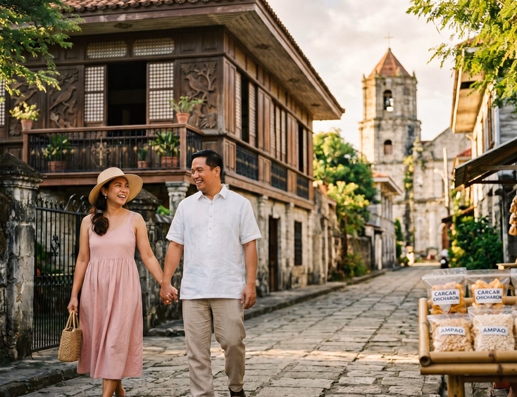 Filipino couple in traditional and linen attire exploring a heritage street in Carcar, Cebu.