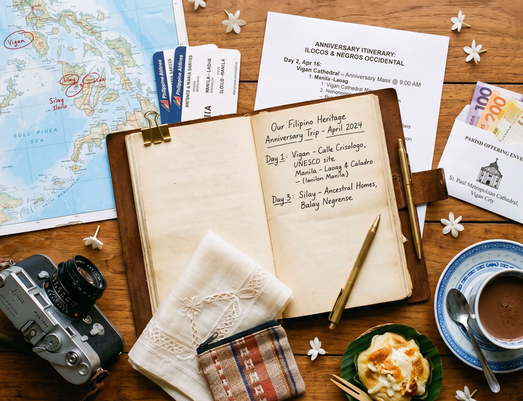 Overhead flat lay of Filipino heritage trip planning items on a wooden table.