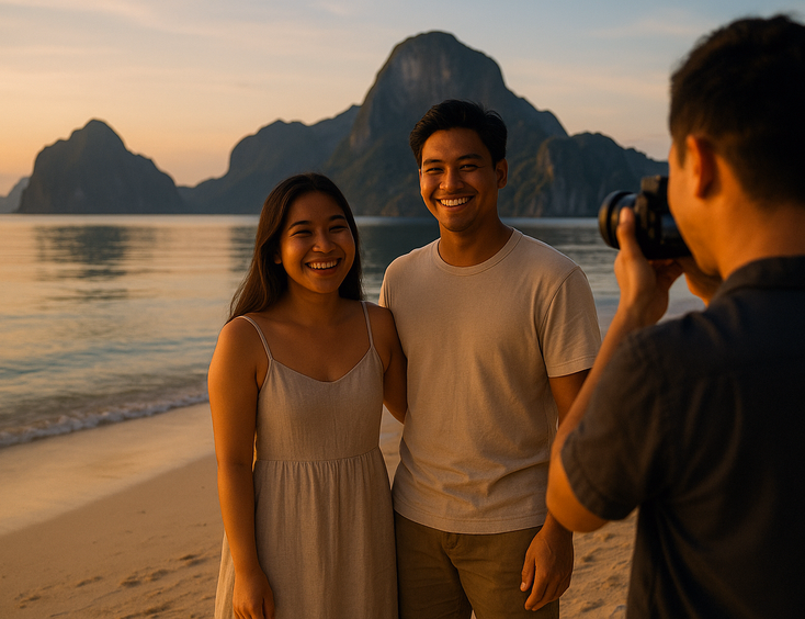 Young Filipino couple at golden hour on a quiet beach with limestone cliffs and glassy water as the photographer frames a candid moment