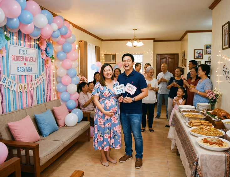 A Filipino couple hosts a gender reveal in their cozy, well-arranged living room featuring a balloon backdrop and a buffet food table.