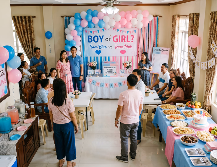 A Filipino home is perfectly organized for a gender reveal party with clear zones for the backdrop wall, food table, and drinks corner.