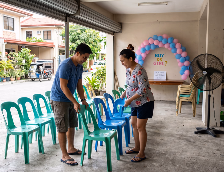 A resourceful Filipino couple rearranges furniture and sets up monobloc chairs for a home gender reveal party with garage overflow space.
