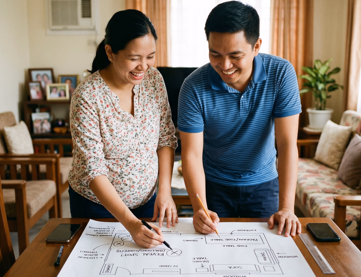 An organized Filipino couple stands in their living room to sketch a detailed layout and floor plan for their upcoming home gender reveal.