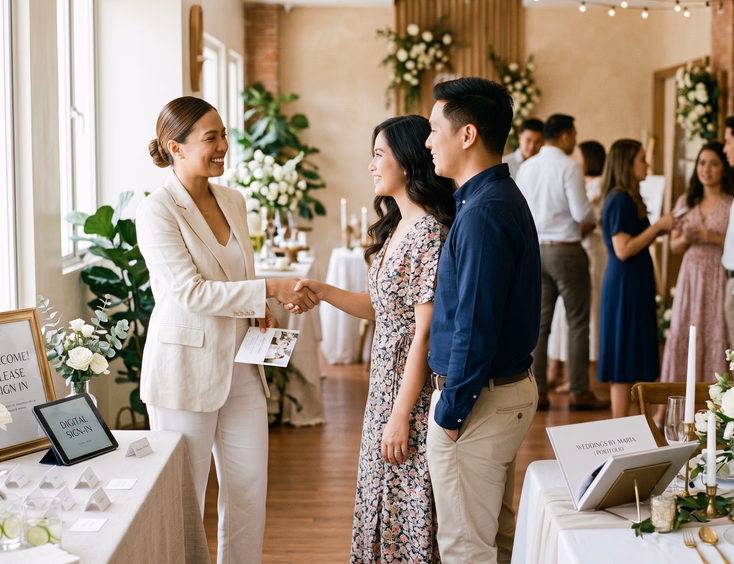 Filipino wedding planner hosting an open house for engaged couples in a Quezon City studio.
