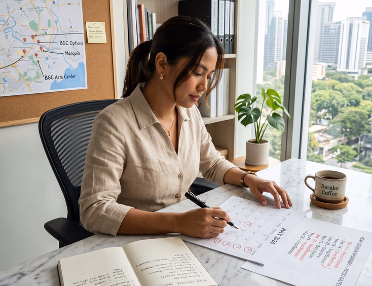 Filipino wedding coordinator in a Makati office planning open house dates on a calendar.