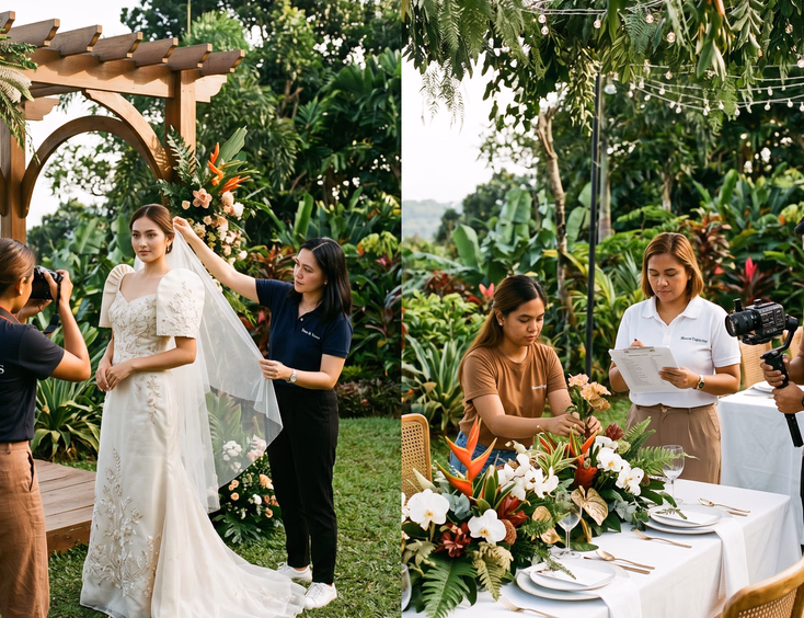 Filipino wedding suppliers collaborating during a modern Filipiniana styled shoot at a Tagaytay garden venue.