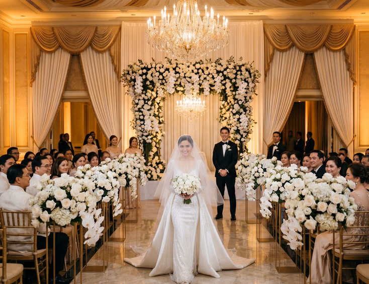 Filipino bride and groom exchanging vows inside a luxurious five-star hotel ballroom wedding ceremony in the Philippines