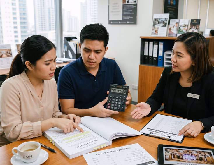 Filipino couple reviewing a hotel wedding contract with a coordinator at a Metro Manila hotel events office