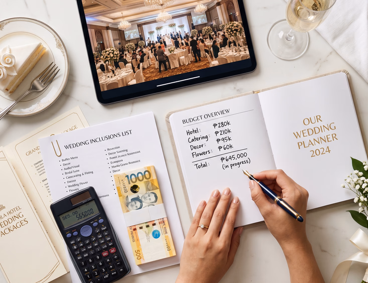 Flat-lay of Filipino hotel wedding planning materials including package brochure, budget planner, and wedding cake sample on a white marble table